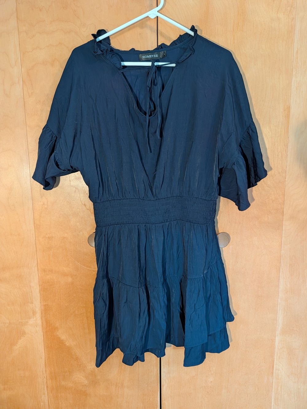 HOMEYEE Navy Blue Smocked Waist Ruffle Mini Dress Size Large (Fits US 8)